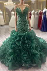Dark Green Mermaid Strapless Ruffles Beading Evening Prom Dresses