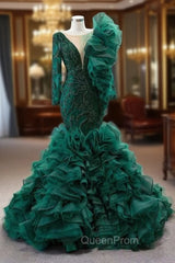 Dark Green Mermaid Tulle Beading Evening Prom Dresses