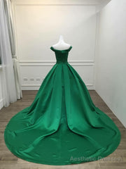 Dark Green Satin Ball Gown Long Evening Dress Prom Dress, Green Formal Dresses