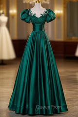 Dark Green Satin Ball Gown Sweet 16 Dresses, Green Long Evening Dresses Party Dresses