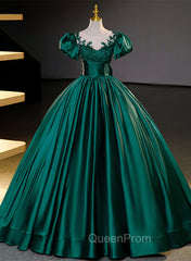 Dark Green Satin Ball Gown Sweet 16 Dresses, Green Long Evening Dresses Party Dresses