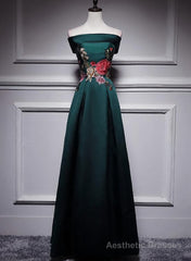 Dark Green Satin Off Shoulder Floor Length Satin Party Dress, Green Prom Dress Formal Dress