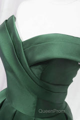 Dark Green Satin Off Shoulder Knee Length Party Dresses, Green Homecoming Dresses Evening Prom Dresses