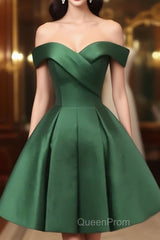 Dark Green Satin Off Shoulder Knee Length Party Dresses, Green Homecoming Dresses Evening Prom Dresses