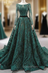 Dark Green Sequins Long Sleeve Backless Evening Prom Dresses With Long Train