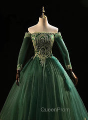 Dark Green Sleeves with Gold Lace Sweet 16 Dresses, Dark Green Long Evening Dresses
