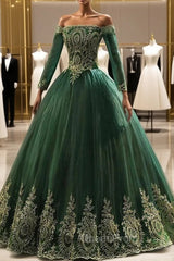 Dark Green Sleeves with Gold Lace Sweet 16 Dresses, Dark Green Long Evening Dresses