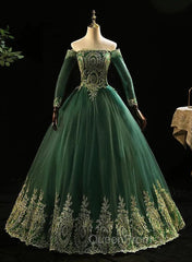 Dark Green Sleeves with Gold Lace Sweet 16 Dresses, Dark Green Long Evening Dresses