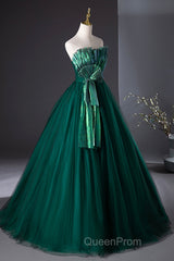 Dark Green Strapless Tulle Long Evening Prom Dresses, Beautiful A-Line Formal Evening Dresses