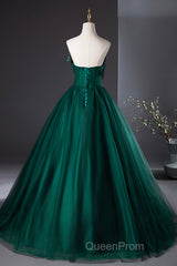 Dark Green Strapless Tulle Long Evening Prom Dresses, Beautiful A-Line Formal Evening Dresses