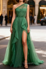 Dark Green Tulle A-Line One-Shoulder Long Evening Prom Dresses