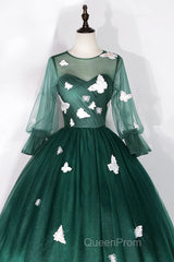 Dark Green Tulle Long Evening Prom Dresses, A-Line Long Sleeve Evening Party Dresses With Butterfly Appliques