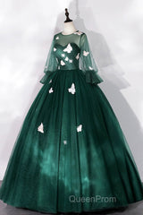 Dark Green Tulle Long Evening Prom Dresses, A-Line Long Sleeve Evening Party Dresses With Butterfly Appliques