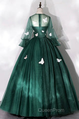 Dark Green Tulle Long Evening Prom Dresses, A-Line Long Sleeve Evening Party Dresses With Butterfly Appliques