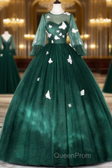 Dark Green Tulle Long Evening Prom Dresses, A-Line Long Sleeve Evening Party Dresses With Butterfly Appliques