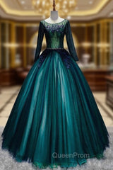 Dark Green Tulle Long Sleeve Appliques Quinceanera Dresses