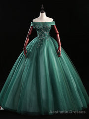 Dark Green Tulle Off the Shoulder Appliques Quinceanera Dress