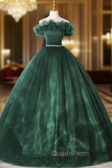 Dark Green Tulle Pleats Crystal Quinceanera Dresses
