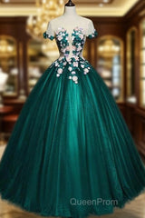 Dark Green Tulle Round Neckline Ball Gown Formal Dresses, Quinceanera Dresses