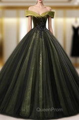 Dark Green Tulle Sequins Off the Shoulder Appliques Quinceanera Dresses