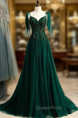 Dark Green Tulle Spaghetti Straps Beading Evening Prom Dresses