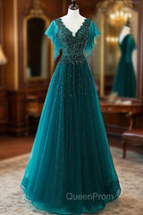 Dark Green Tulle V-neck Beading Evening Prom Dresses