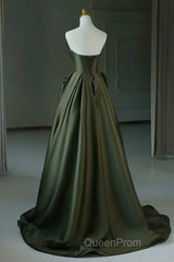 Dark Green V-Neckline Satin Long Evening Prom Dresses, Dark Green Party Dresses