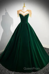 Dark Green Velvet A-Line Long Evening Prom Dresses, Dark Green Evening Party Dresses