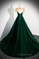 Dark Green Velvet A-Line Long Evening Prom Dresses, Dark Green Evening Party Dresses