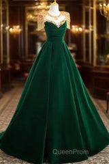 Dark Green Velvet A-Line Long Evening Prom Dresses, Dark Green Evening Party Dresses