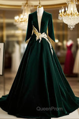 Dark Green Velvet Long Sleeve Appliques Evening Prom Dresses