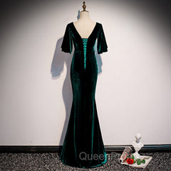Dark Green Velvet Mermaid Slit V-neckline Evening Dresses Party Dresses, Long Evening Dresses