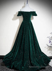 Dark Green Velvet Off Shoulder Long Party Dress, Green A-line Prom Dress