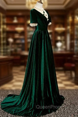 Dark Green Velvet Short Sleeves A-line Bridesmaid Dresses, A-line Wedding Party Dresses Evening Prom Dresses