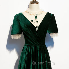 Dark Green Velvet Short Sleeves A-line Bridesmaid Dresses, A-line Wedding Party Dresses Evening Prom Dresses