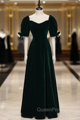 Dark Green Velvet Square Puff Sleeve Evening Prom Dresses