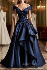Dark Navy A-Line V Neck Satin Long Evening Prom Dresses Simple Applique Evening Dresses