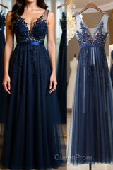 Dark Navy Blue Lace Evening Prom Dresses, Dark Navy Blue Lace Formal Bridesmaid Dresses