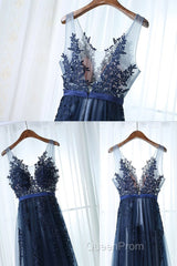 Dark Navy Blue Lace Evening Prom Dresses, Dark Navy Blue Lace Formal Bridesmaid Dresses