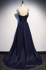 Dark Navy Blue Long Satin Prom Dresses, Dark Navy Blue Long Formal Evening Dresses