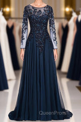 Dark Navy Long A-line Jewel Tulle Formal Evening Dresses with Sleeves