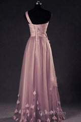 Dark Pink One Shoulder Flowers Tulle Bridesmaid Dresses, A-Line Pink Evening Prom Dresses