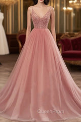 Dark Pink Sequins V-neckline Straps Long Evening Dresses, Tulle Pink Evening Prom Dresses