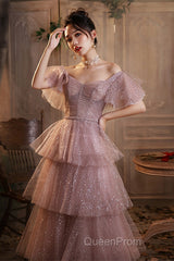 Dark Pink Shiny Tulle Short Sleeves Party Dresses, Beaded Pink Tulle Evening Prom Dresses