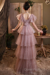 Dark Pink Shiny Tulle Short Sleeves Party Dresses, Beaded Pink Tulle Evening Prom Dresses