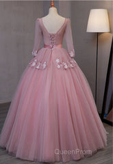 Dark Pink V-Neckline Ball Gown Lace Applique Sweet 16 Dresses, Pink Evening Prom Dresses Party Dresses