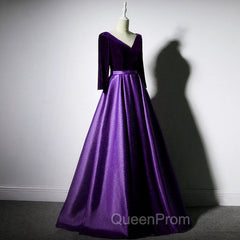Dark Purple Long Sleeves V-neckline Velvet and satin Long Party Dresses, Long Evening Dresses Evening Prom Dresses
