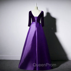 Dark Purple Long Sleeves V-neckline Velvet and satin Long Party Dresses, Long Evening Dresses Evening Prom Dresses