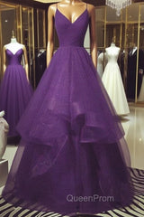 Dark Purple Tulle Layers Evening Gown, Purple Evening Party Dresses