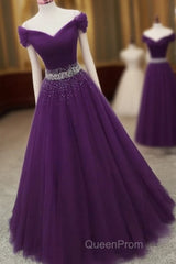 Dark Purple Tulle Long Evening Prom Dresses, Beautiful Junior Evening Prom Dresses